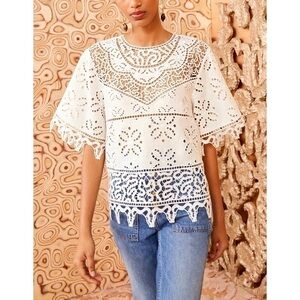 Ulla Johnson White Short-Sleeve Floral Lace Aria Eyelet Blouse